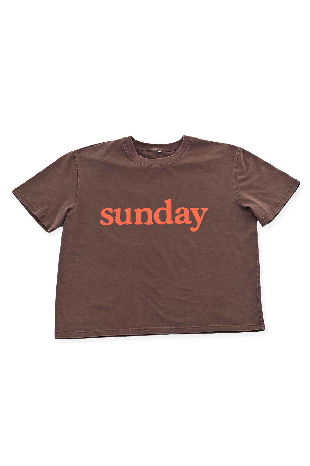 A brown short-sleeve crewneck t-shirt with the word 'sunday' printed in orange across the chest, displayed flat against a white background.