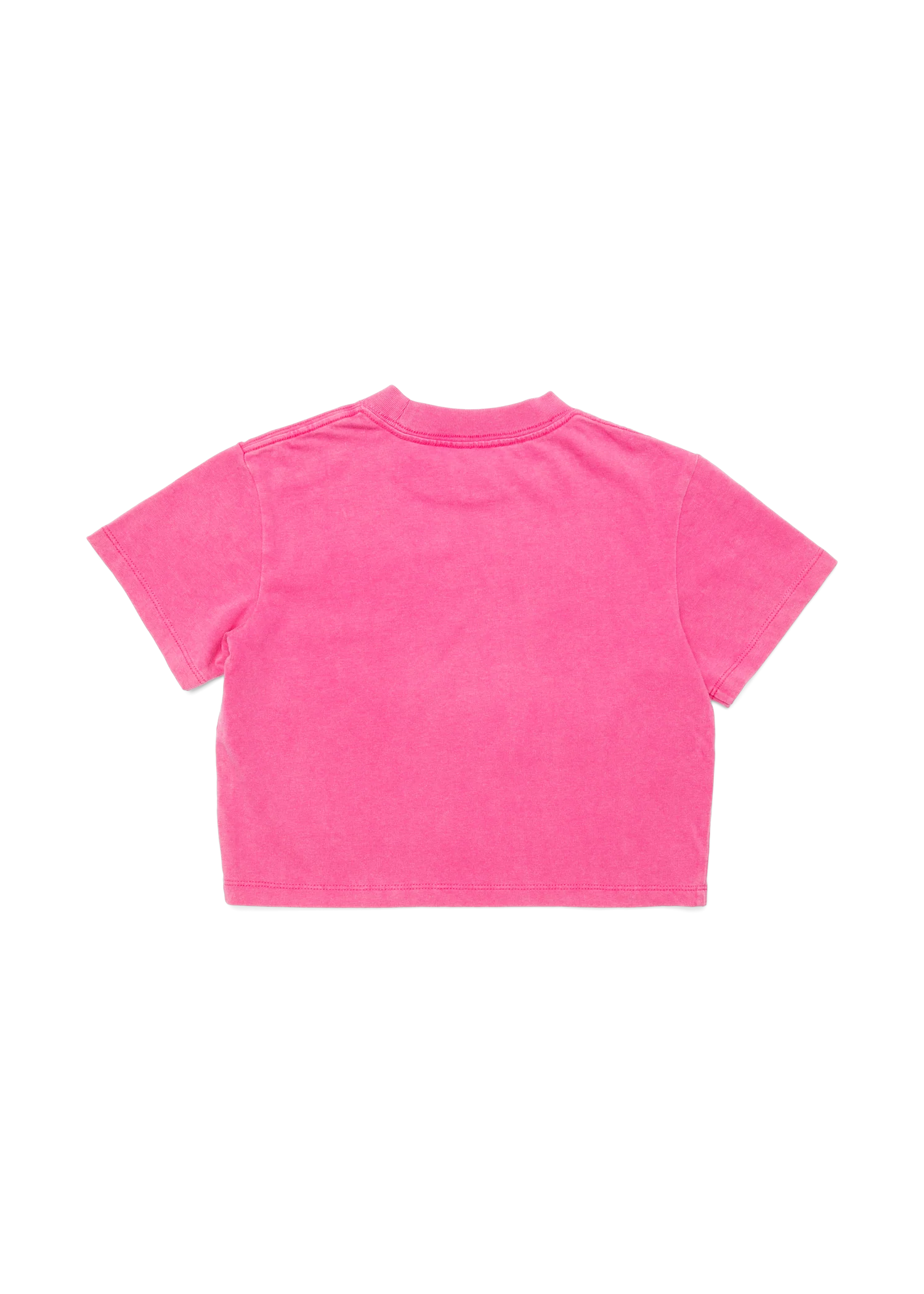 A bright pink short-sleeve crop top shown from the back, photographed flat against a solid white background.