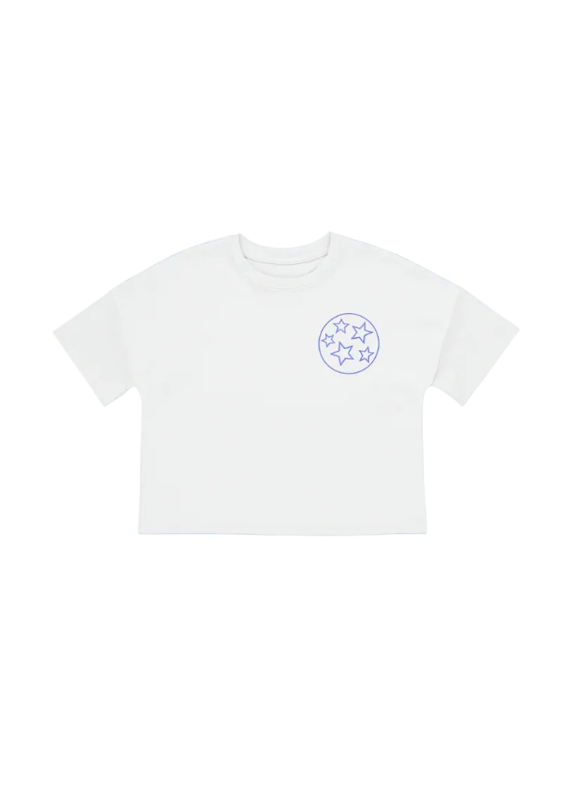 White t-shirt with a logo on a blue background