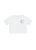 White t-shirt with a logo on a blue background