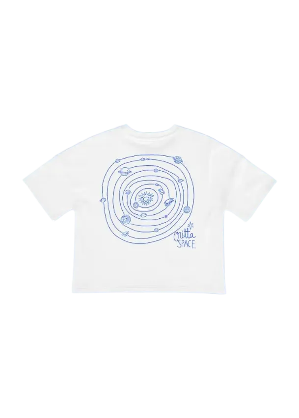 White t-shirt with blue circular design and text on a light blue background
