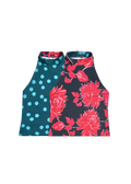 Two tank tops with different patterns on a light gray background