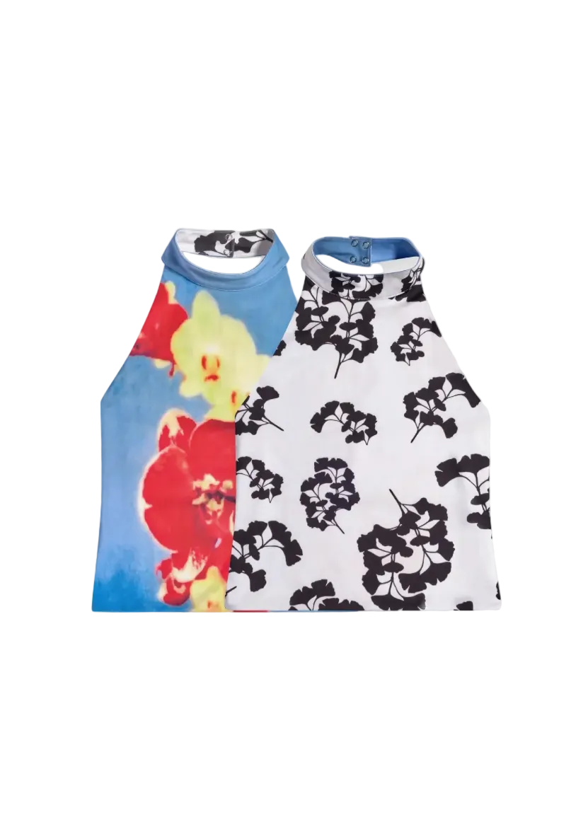 Two colorful swimsuits with floral patterns on a white background