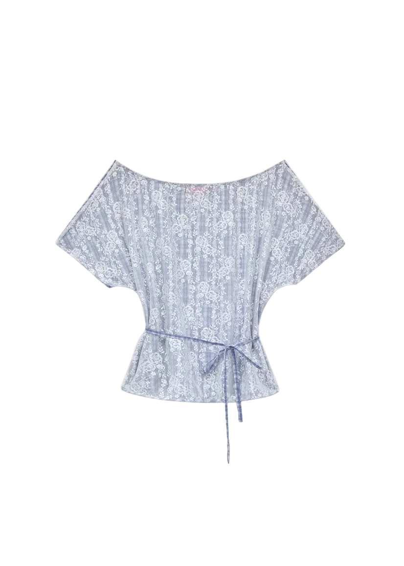 Light blue off-shoulder top with a tie detail on a white background