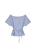 Blue and white checkered top with a tie detail on a light gray background
