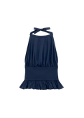 Navy blue halter neck dress with ruffled hem on a white background
