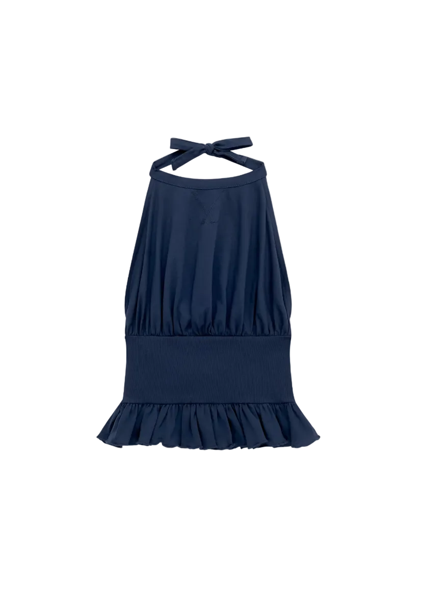 Navy blue halter neck dress with ruffled hem on a white background