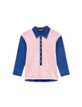 Pink and blue long-sleeve shirt with a collar on a light gray background