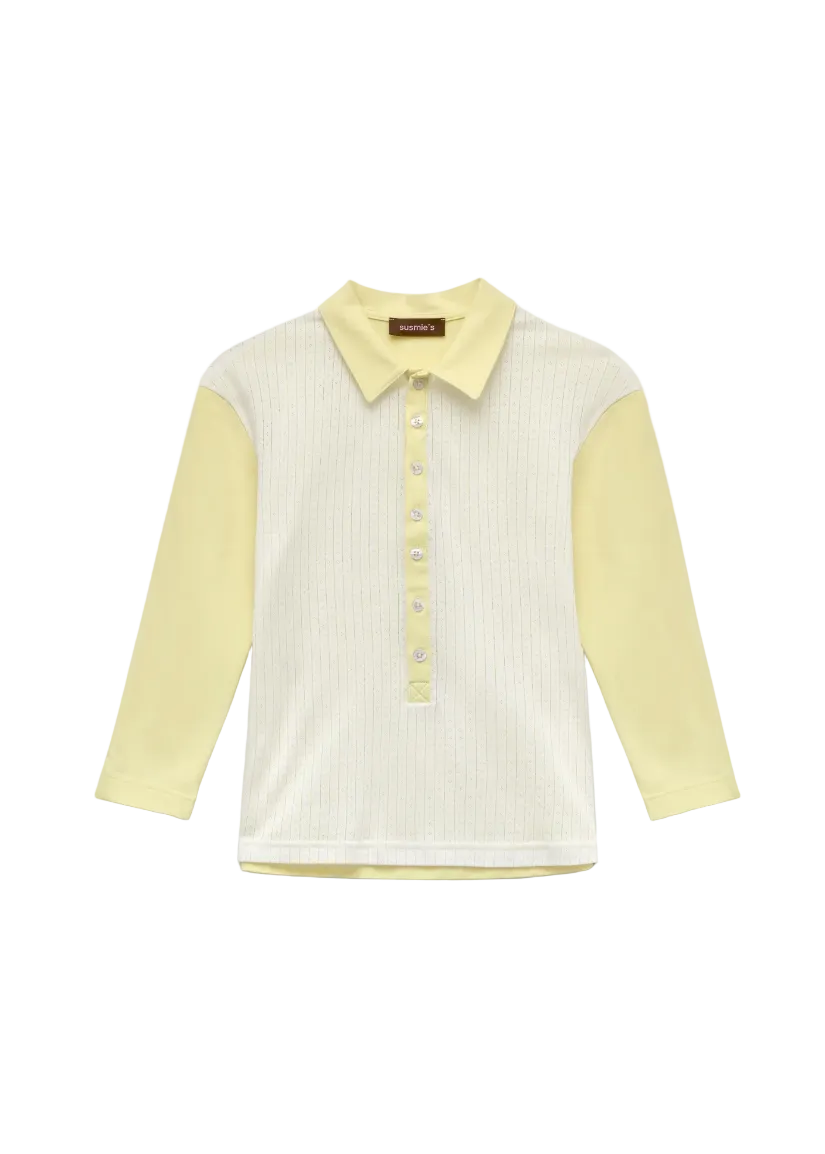 Long-sleeve shirt with a yellow and white color scheme on a light gray background