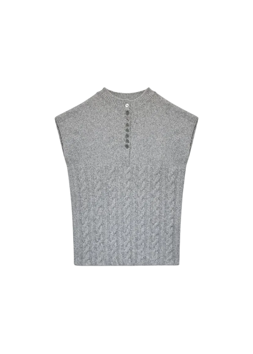 Gray sleeveless knitted top on a white background