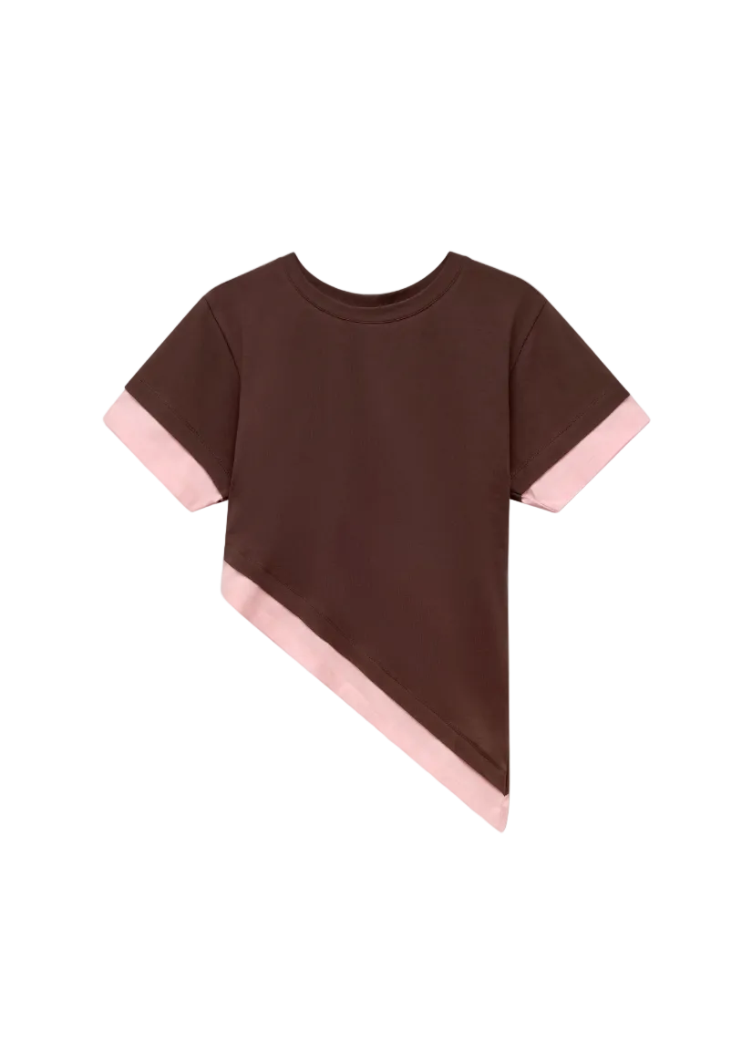 Brown t-shirt with pink trim on a white background