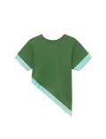 Green t-shirt with light blue trim on a white background
