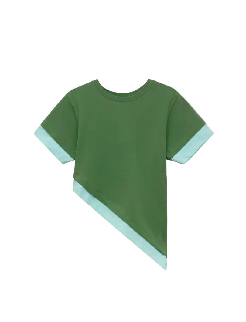 Green t-shirt with light blue trim on a white background