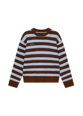 Brown and white striped sweater on a light gray background