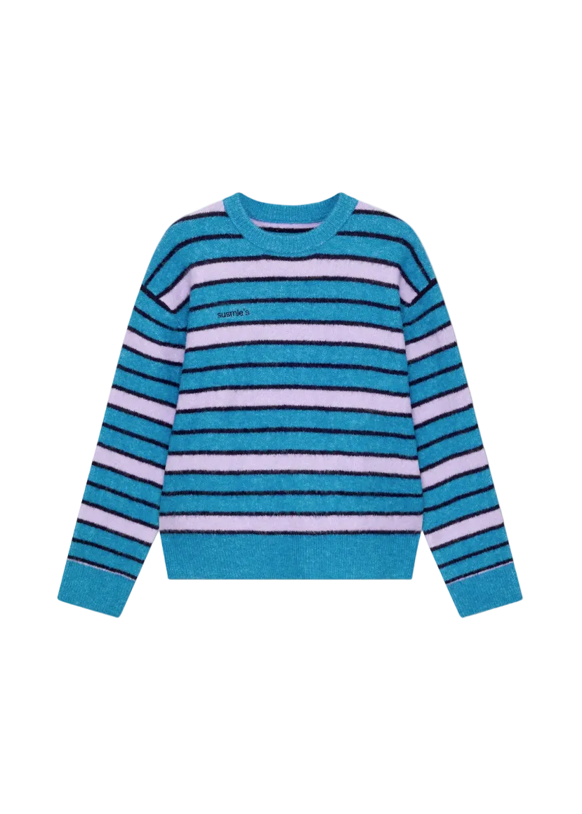 Blue and pink striped sweater on a light gray background