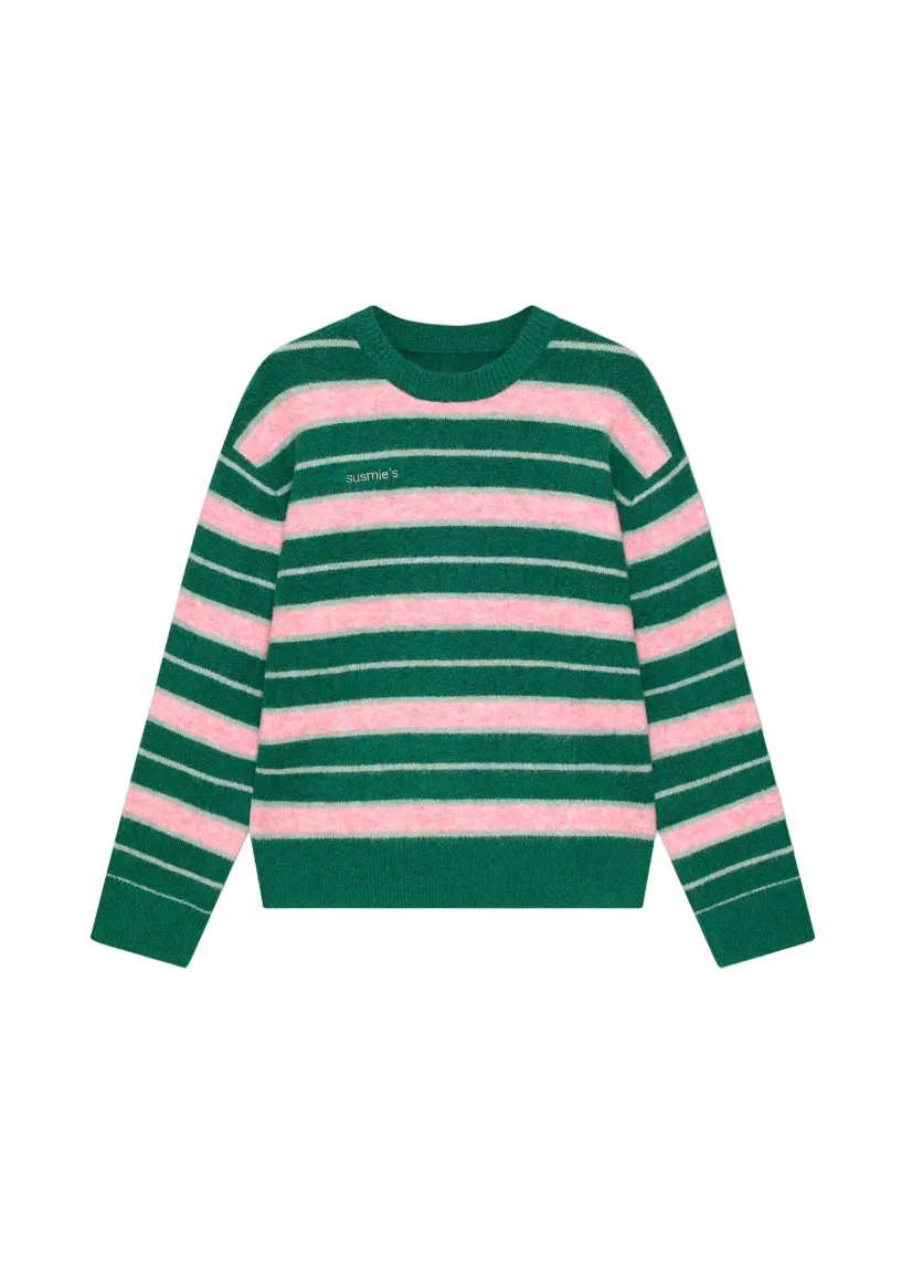 Green and pink striped sweater on a white background