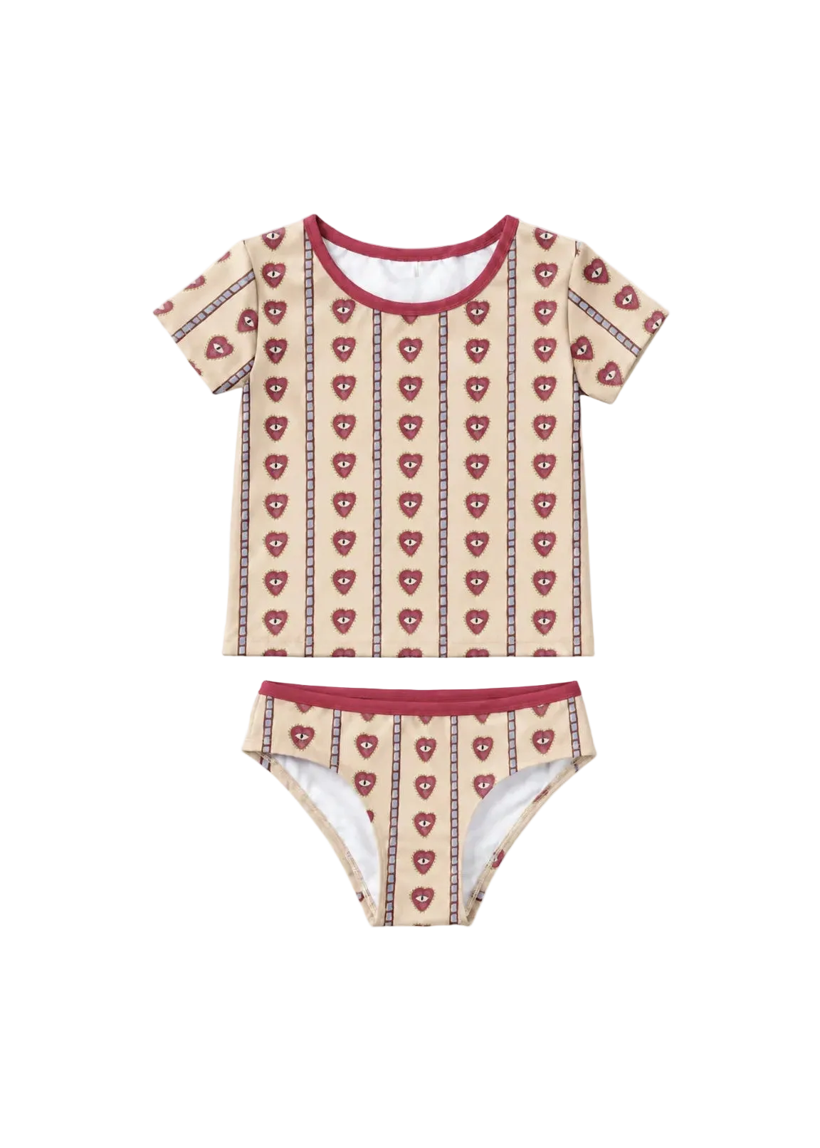 A two-piece baby swimwear set featuring a short-sleeve top and matching bikini briefs. The set has a beige background with vertical stripes of red hearts and thin dark blue lines, finished with a contrasting red trim.