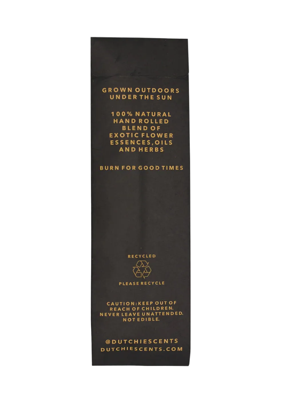 Black product packaging with gold text on a white background