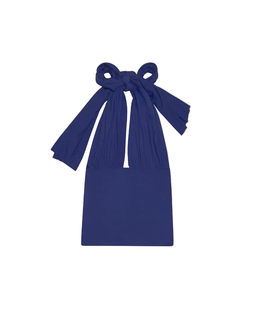 Blue dress with a large bow on a white background
