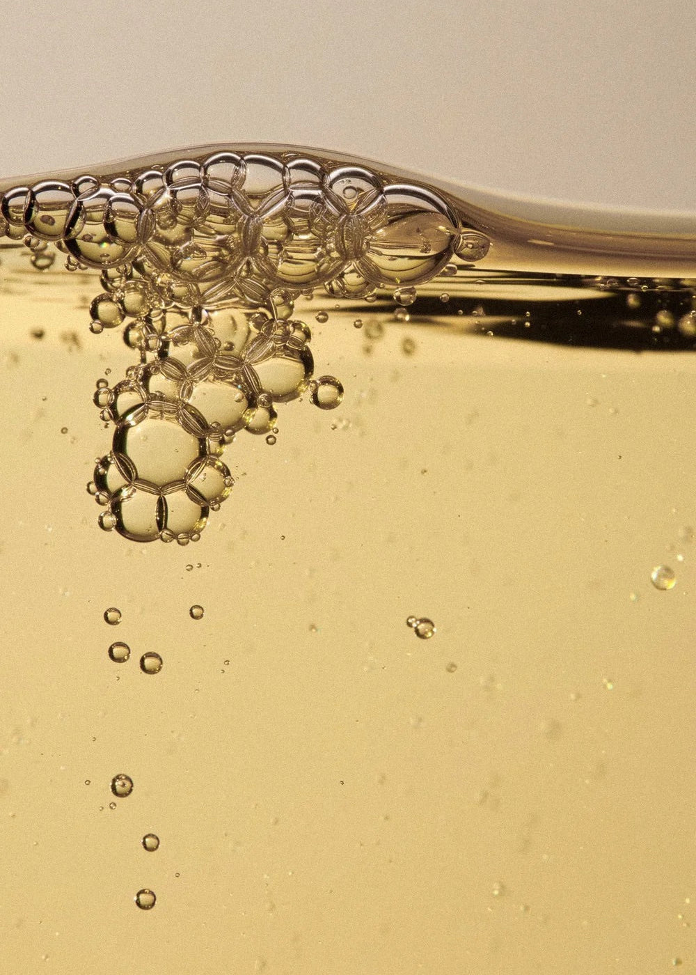 Close-up of a glass with bubbles in a golden liquid