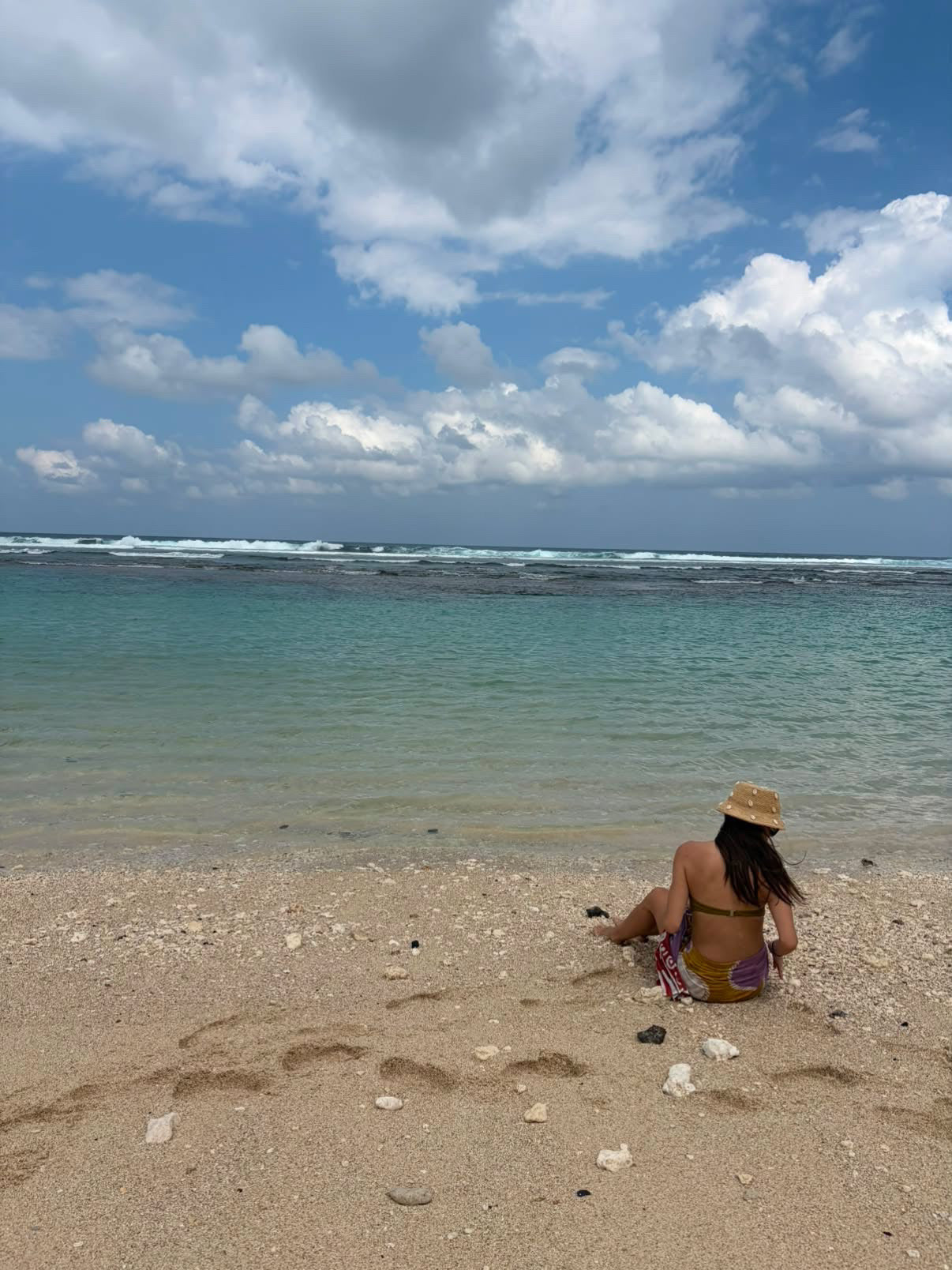 A woman wearing a straw hat and a purple bikini sits on a sandy beach facing the ocean under a blue sky with white clouds.