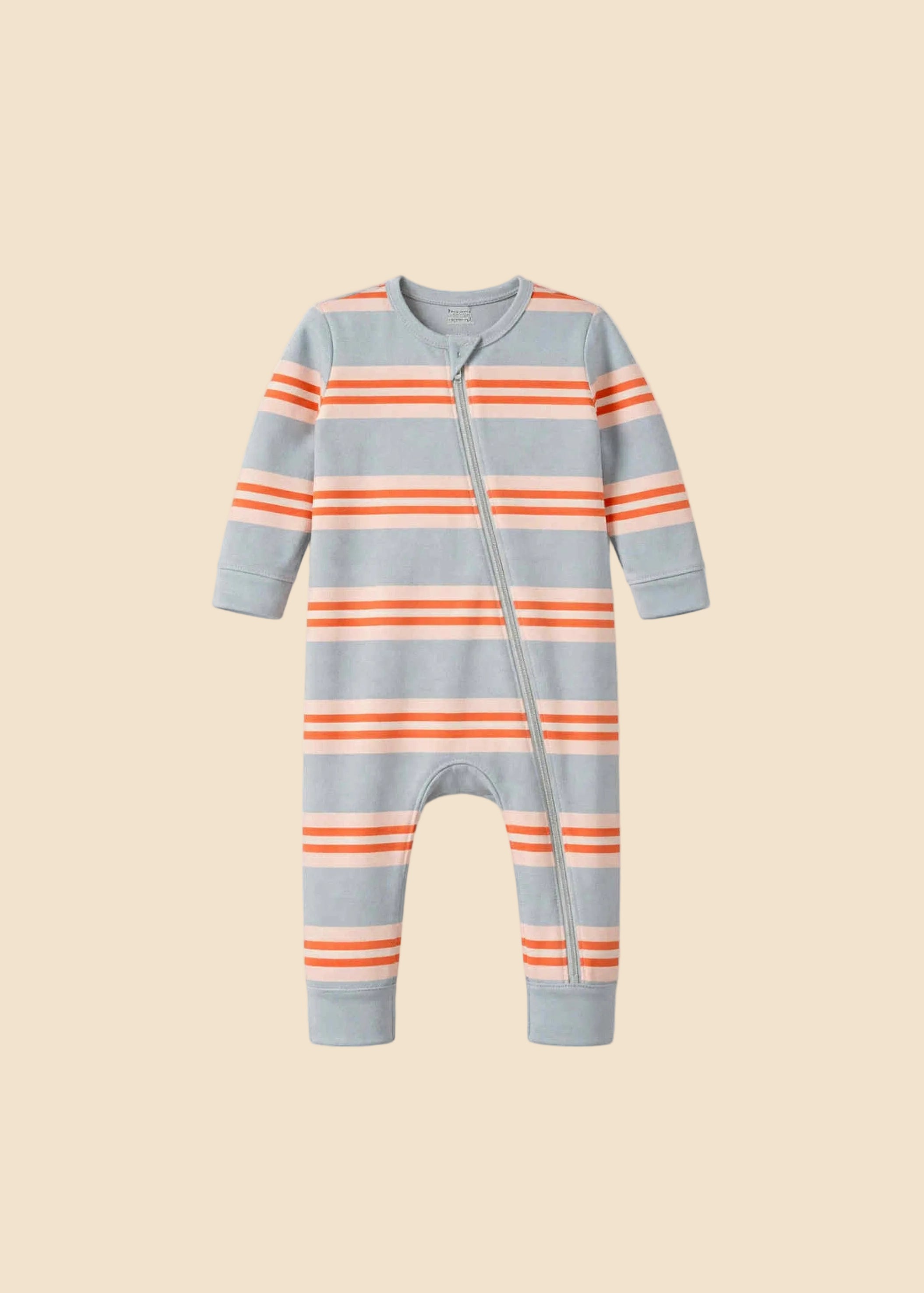 Gray baby onesie with orange stripes on a white background
