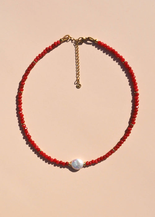 Alesi Jewellery: Red Gemstone and Freshwater Pearl Necklace