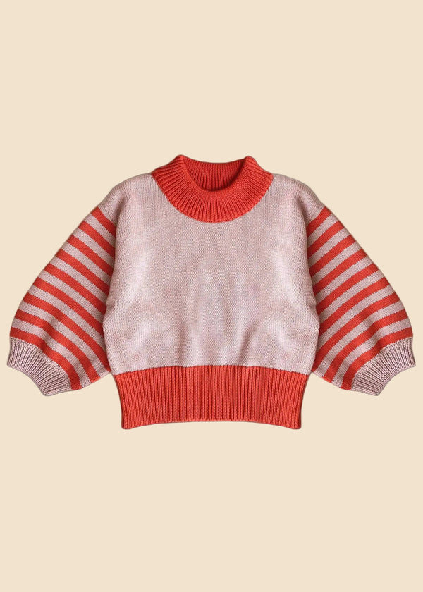 Pink and red striped sweater on a white background