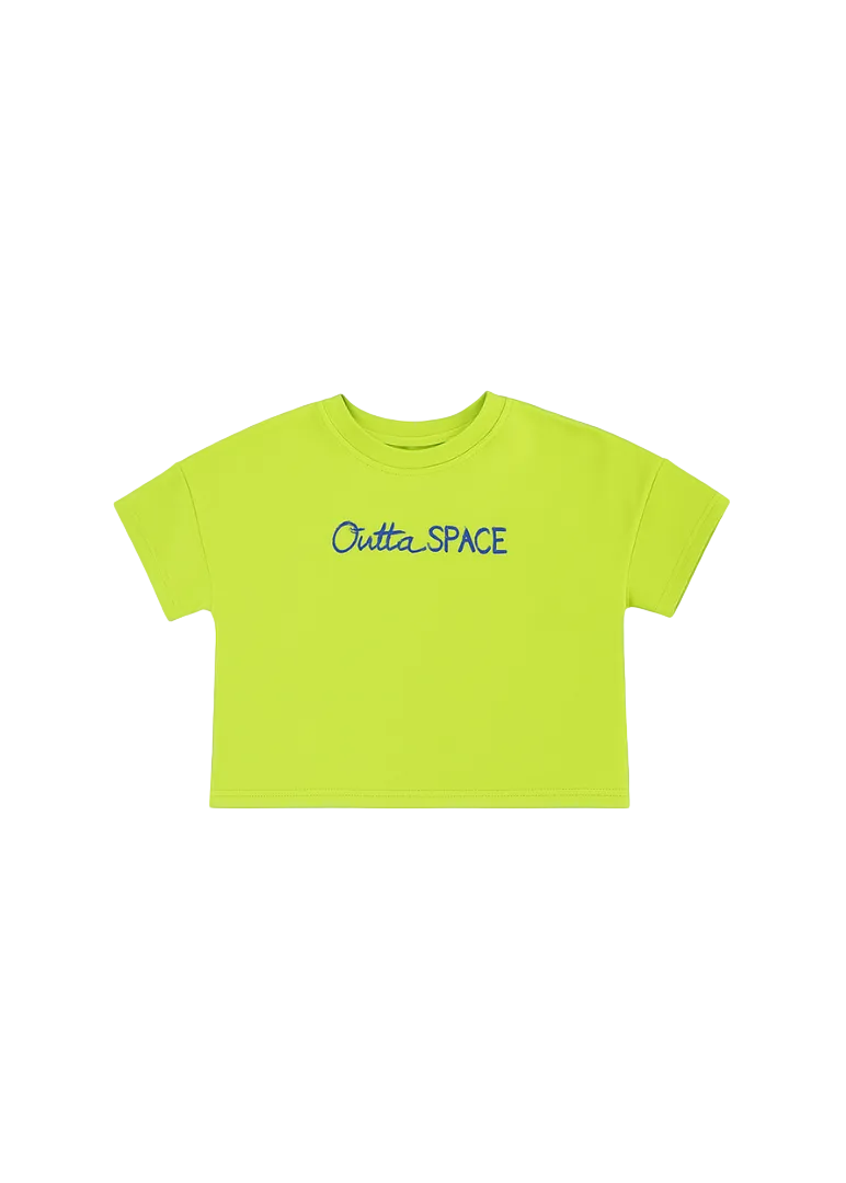 Yellow t-shirt with 'Outta Space' text on a blue background