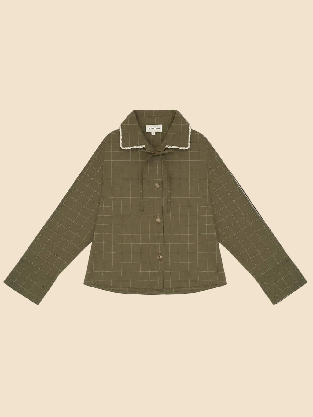 Green checkered shirt with white collar on a light gray background