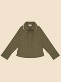 Green checkered shirt with white collar on a light gray background
