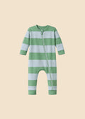 Green and gray striped baby onesie on a white background