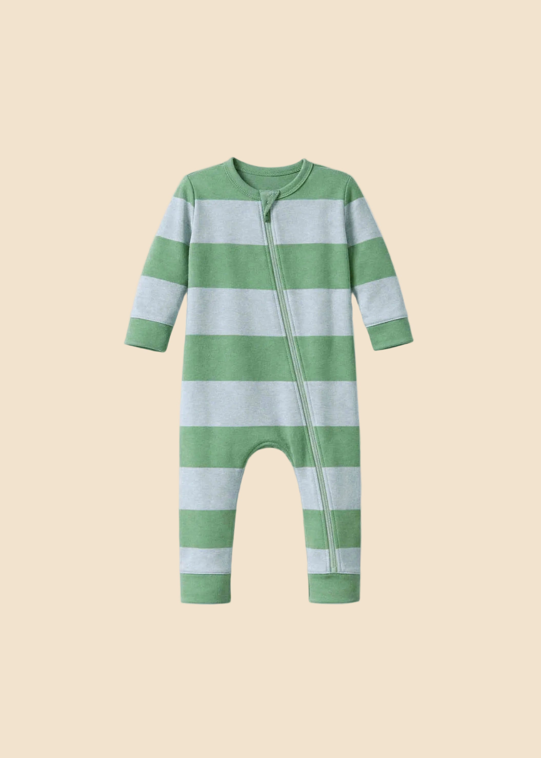 Green and gray striped baby onesie on a white background