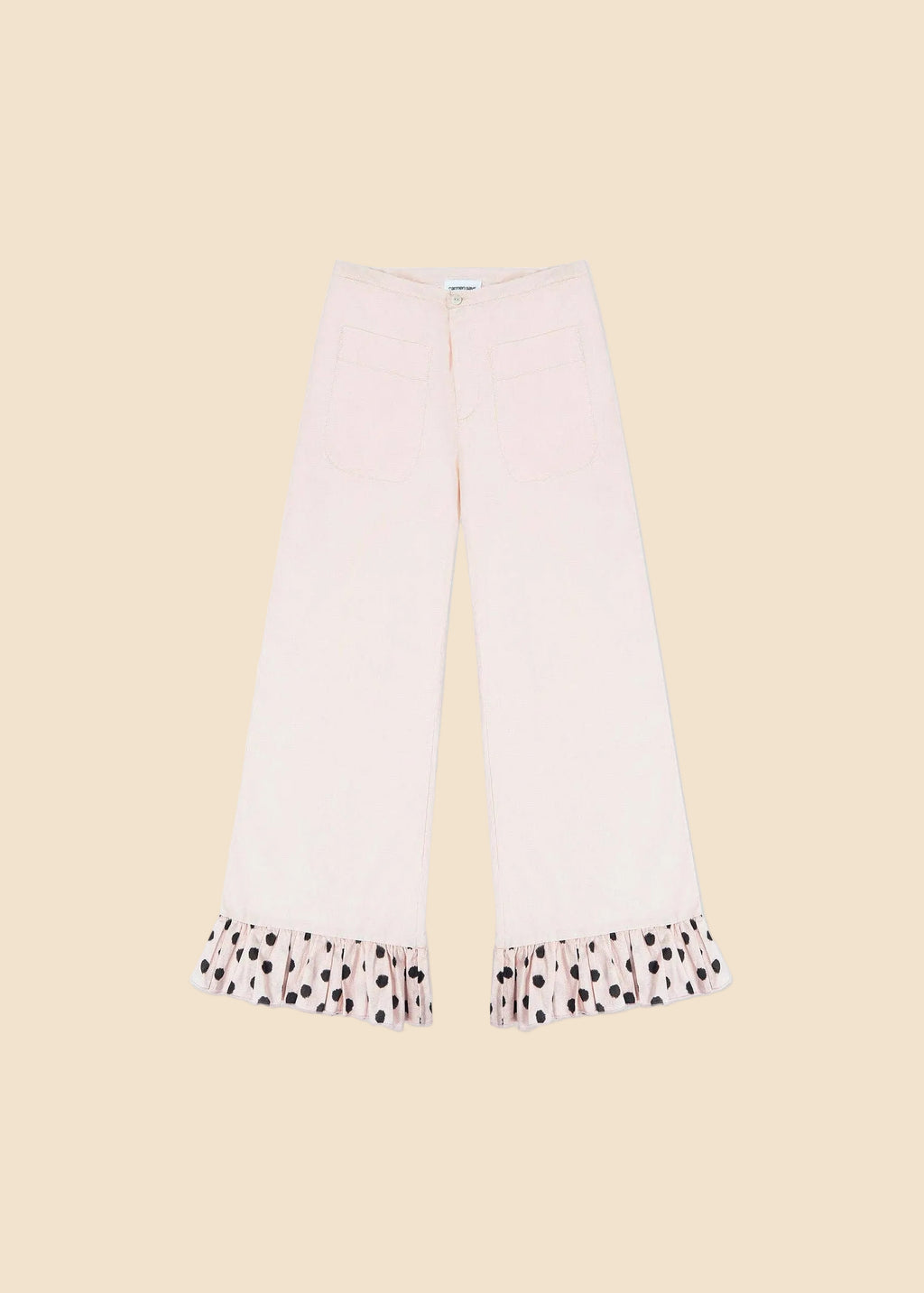 Pink pants with polka dot cuffs on a white background