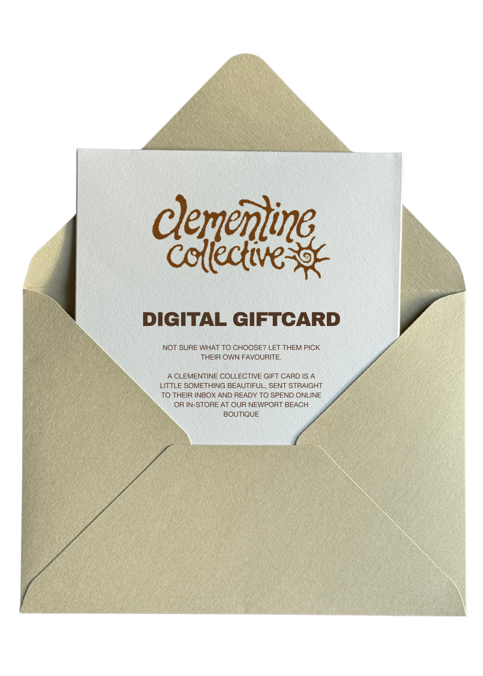 Digital gift card from Clementine Collective inside a brown envelope on a white background