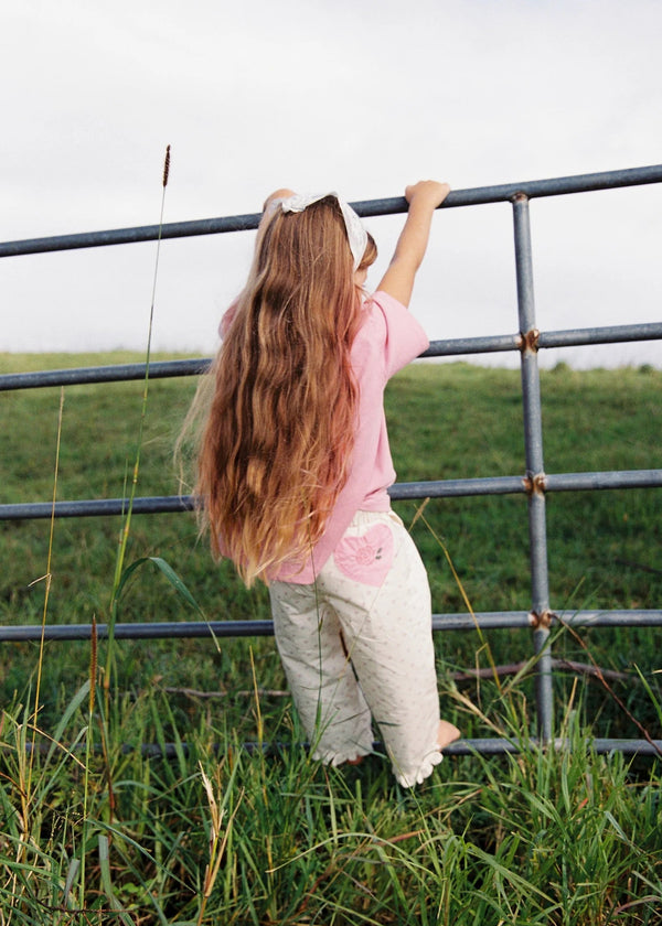 Child climbing over a metal fence in an open field