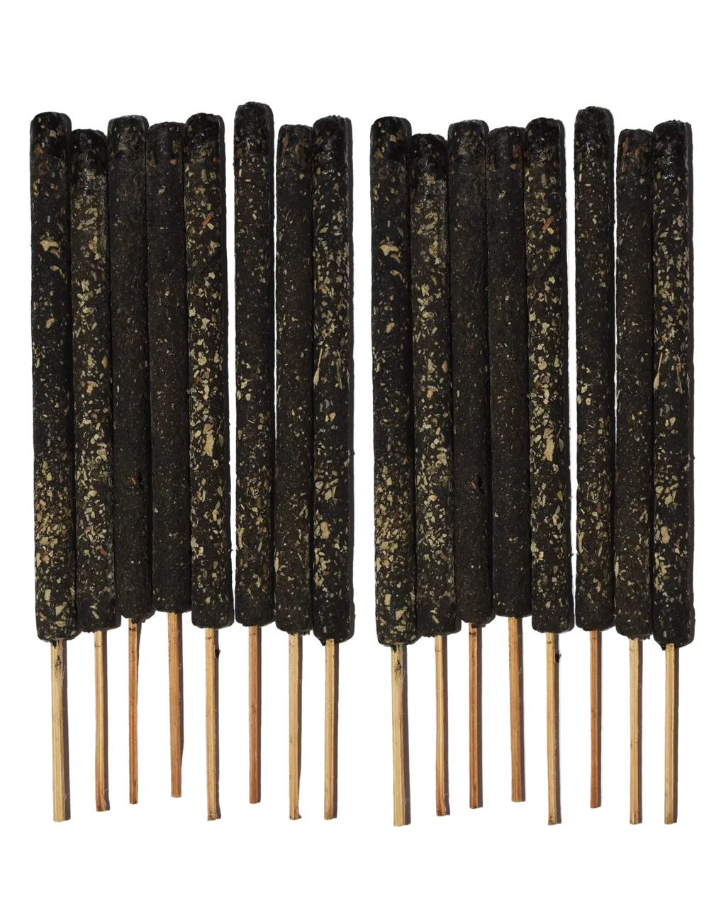 Multiple black cylindrical objects on wooden sticks against a white background
