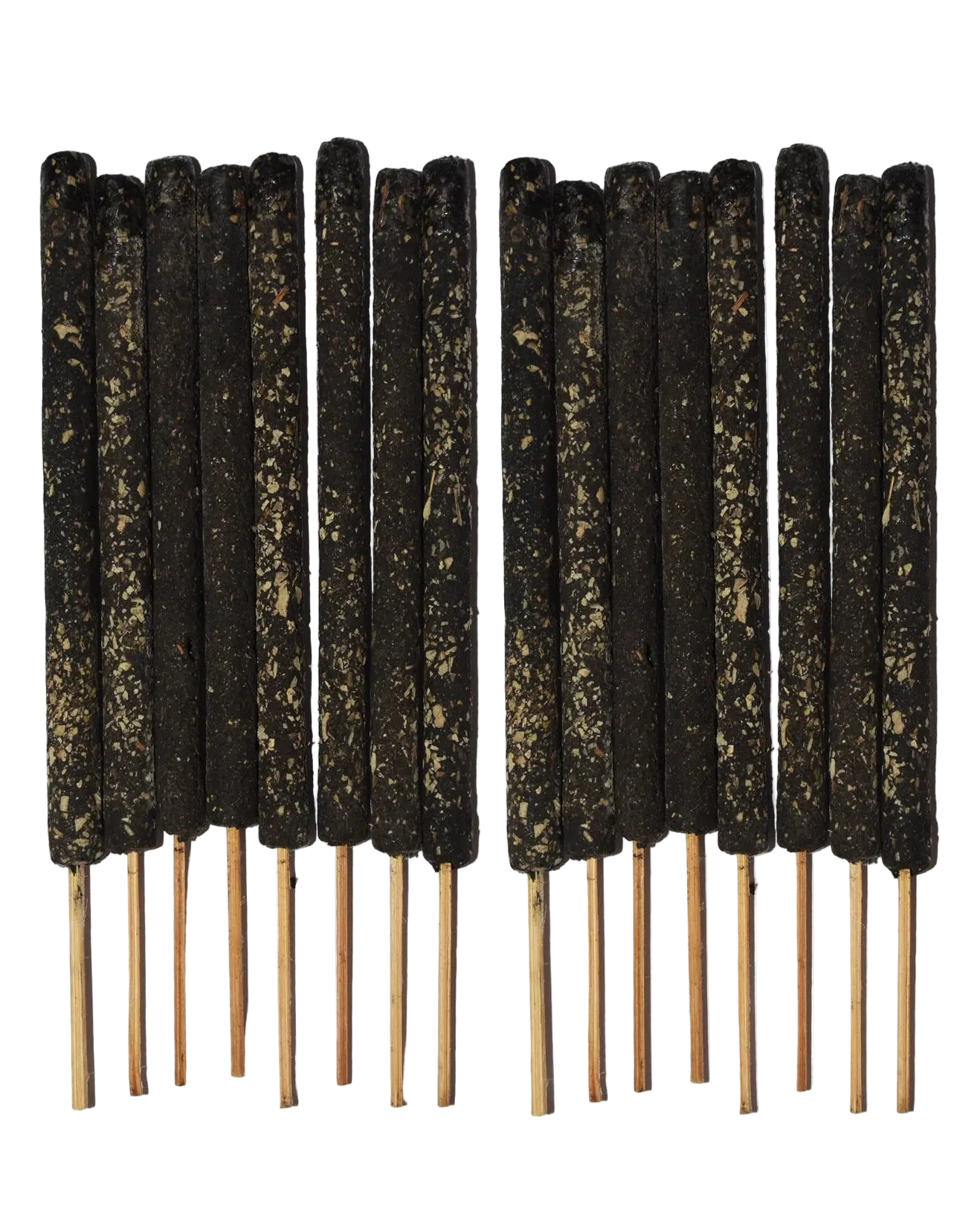 Multiple black cylindrical objects on wooden sticks against a white background